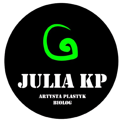Logo z zieloną spiralą, imieniem Julia KP, artystka plastyk, biolog.
